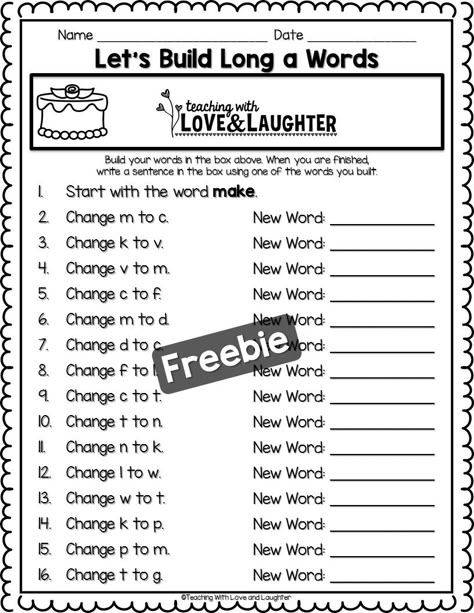 Teaching With Love and Laughter: Building Words Helpful Hints Hooked On Phonics Printables, Long A Words, 2nd Grade Reading Worksheets, First Grade Words, Word Building Activities, A Words, Word Family Worksheets, Decoding Words, First Grade Phonics