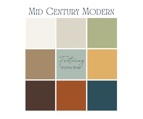 Mid Century Modern Wall Colors, Midcentury Modern Color Palette, Benjamin Moore Wythe Blue, Mid Century Color Palette, Mid Century Modern Color Palette, Craftsman Colors, Wythe Blue, Modern Eclectic Home, Mid Century Blue