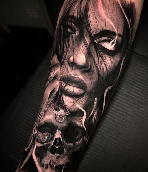 Tattoos Of Womens Face, Forearm Tattoo Of Woman Face, Horror Woman Tattoo, Hope Tattoo Ideas For Men, Womans Face Tattoo, Dark Sleeve Tattoos For Women, Women Face Tattoo, Good Vs Evil Tattoo, Realistic Skull Tattoo