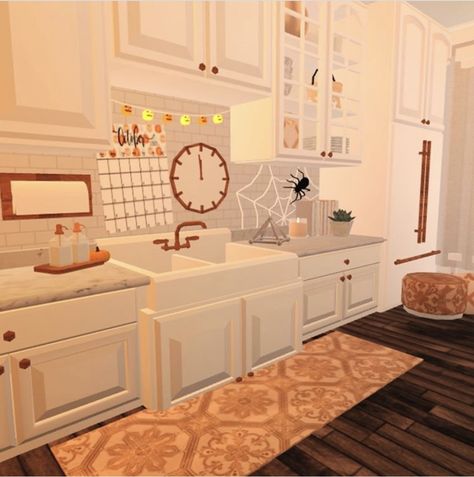 Bloxburg Autumn Interior Ideas, Aesthetic Bloxburg Exterior, Bloxburg Fall Family House, Fall House Inspo Bloxburg, Cozy Bloxburg House Layout, Fall Bloxburg Interior, Fall Bloxburg Kitchen, Bloxburg Fall Room Ideas, Bloxburg Family House Ideas