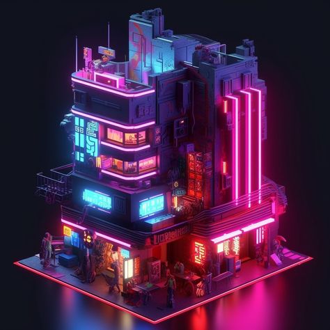 Prompt: cyberpunk, voxel buildings, lofi, neon lighting, neon, rgb led --q 2 --s 750 --v 5.1 #AIArt #midjourney #PromptPal Voxel Art Cyberpunk, Cyberpunk Building Art, Cyberpunk Apartment Exterior, Neon City Minecraft, Game Building Design, Sci Fi House Exterior, Cyberpunk House Exterior, Neon Minecraft Builds, Cyberpunk Building Design