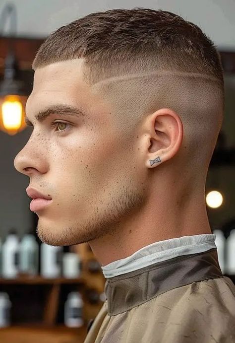 Minimal Maintenance Buzz Cut Hairstyle Buzzcut With Line, Short Oily Hairstyles, Buz Cut Man, Men Hairstyle Wavy, Men Hairstyle Fade, Buzzcut Men Aesthetic, Fade Men Hairstyle, Buzz Cut With Design, Buzz Haircut Men