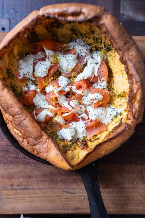 Smoked Salmon Savoury Dutch Baby - Eat Like An Adult Savoury Dutch Baby, Savory Dutch Baby Recipe, One Pan Breakfast, Savory Dutch Baby, Dutch Babies, Dutch Baby Recipe, Dutch Baby Pancake, Fruit Cream, Thick Base