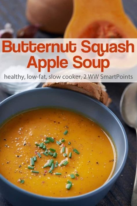 Weight Watchers Friendly Slow Cooker Squash Apple Soup Slow Cooker Squash, Squash Apple Soup Recipe, Apple Soup Recipes, Squash Apple Soup, Butternut Squash Apple Soup, Ww Soup, Soup Comfort, Soup Vegetable, Apple Soup