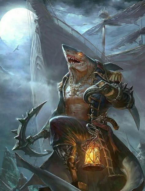 Shark People, Pirate Ship Art, Pirate Art, Heroic Fantasy, 다크 판타지, Monster Concept Art, Fantasy Races, Dungeons And Dragons Characters, Dnd Art