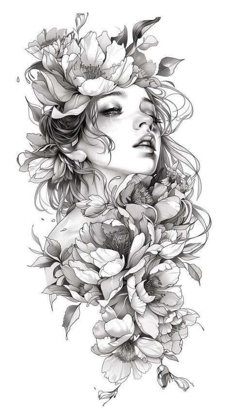 Face With Flowers Drawing, Best Feminine Tattoos, 30 Tattoo, Drawing Of A Woman, Face Tattoos For Women, Woman With Flowers, Clever Tattoos, Flowers In Her Hair, Traditional Tattoo Design