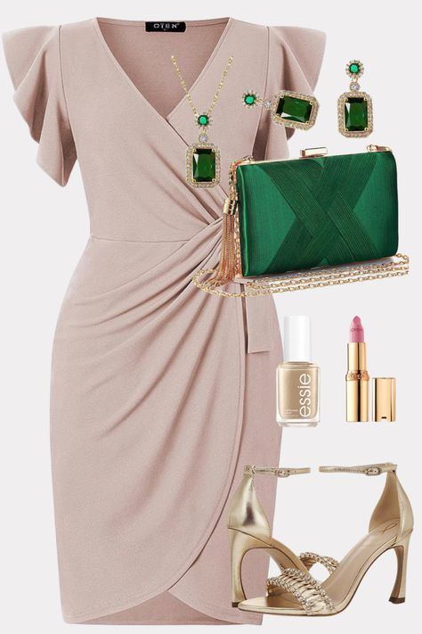 Wedding guest dress, cocktail dress, gold sandals Green And Gold Wedding Guest Outfit, Champagne Wedding Guest Outfit, Chic Cream Wedding Shoes For Guests, Beige Dress Outfit Wedding, Beige Shoulder Bag For Summer Wedding, Beige Wedding Bag For Summer, Chic Gold Clutch For Wedding Guest, Beige V-neck Dress For Wedding Guest, Beige Dress Outfit