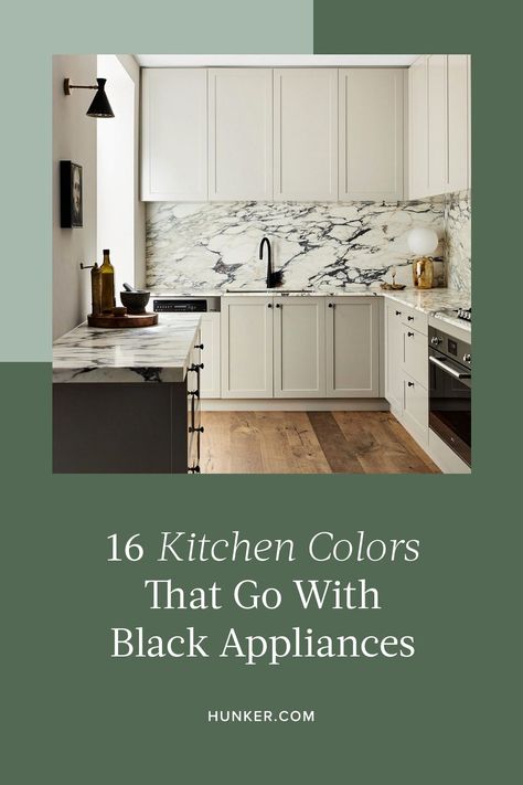 Whether you've decided to upgrade your kitchen with black appliances or you've moved into a home that already has them, selecting colors to go with the sleek and sophisticated finish comes down to a few key factors. #hunkerhome #kitchencolor #kitchencolorideas #kitchenideas #kitchen Kitchens With Ge Cafe Black Appliances, Painted Kitchen Cabinets Colors With Black Appliances, Kitchens With Black Appliances Ideas, What Color Cabinets Go With Black Appliances, Kitchen Cabinet Colors With Black Appliances, Best Kitchen Cabinet Paint Colors With Black Appliances, Kitchen Decor With Black Appliances, Kitchen Design Black Appliances, Kitchen Colors Schemes Black Appliances