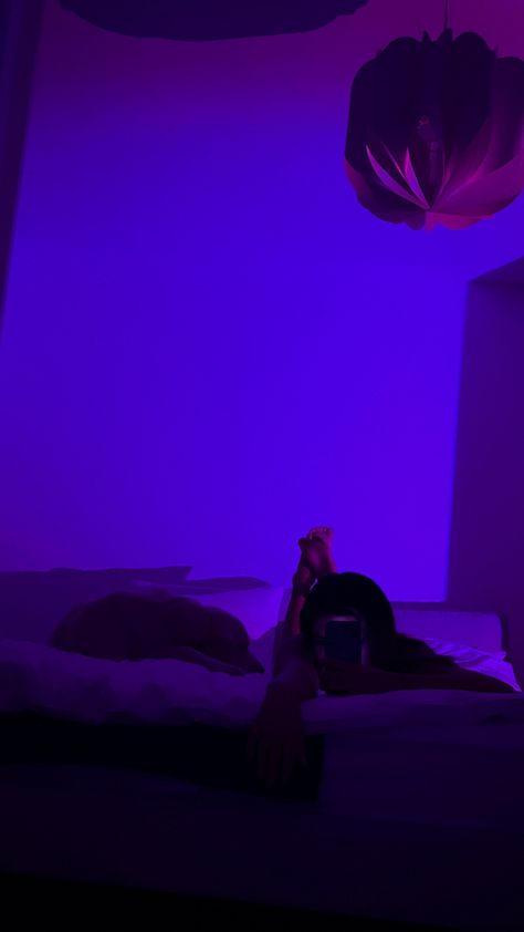 Bedroom vibes, purple light, room aesthetics, sunset lamp Late Night Bedroom Aesthetic, Late Night Room Aesthetic, Late Night Vibes Aesthetic Bedroom, Late Night Bedroom, Late Night Aesthetic Bedroom, Night Bedroom, Bedroom Purple, Bedroom Vibes, Big Bedrooms