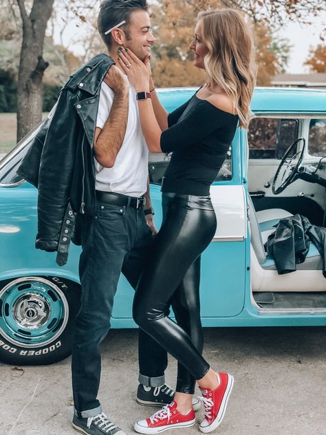 Grease Costumes Men, 80 Couples Costumes, Grease Men Outfit, Decades Party Outfit Couples, Greaser Couple Costume, Greece Halloween Costumes Couple, Couples Decade Costumes, 80s Couples Outfits, Grease Couple Halloween Costumes