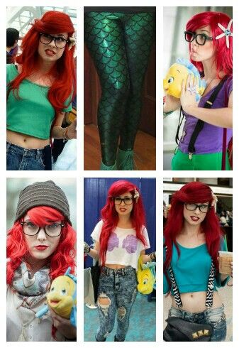 Hipster Ariel. Take a little inspiration (I mean, besides the hair and glasses) from each costume and create. :) Hipster Ariel Costume, Diy Ariel Costume Women, Ariel Costume Diy, Ariel Disneybound, Hipster Ariel, Ariel Halloween, Ariel Halloween Costume, Hipster Costume, Hipster Disney