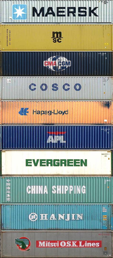 The top 10 container shipping companies, in order.  Amazing. I live in Portland Oregon and I've never seen half of them.  I've seen Maersk, Cosco, Hapeg-Lloyd, Evergreen and Hanjin but I've never seen M/SC, CMA-CGM, APL, China Shipping or Mitsui O.S.K. Lines. Living In Portland Oregon, Cma Cgm, Container Shipping, Shipping Container Architecture, Sea Containers, Used Shipping Containers, Storage Container Homes, Container Buildings, Cargo Container