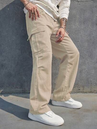 Manfinity EMRG Loose Men's Cargo Jeans With Flap Pockets On Both Sides | SHEIN USA Men Cargo Pants, Mens Suit Style, Jean Beige, Harajuku Shirt, Jeans Outfit Men, Cargo Pants For Men, Pants Outfit Men, Beige Jeans, Cargo Pants Outfit