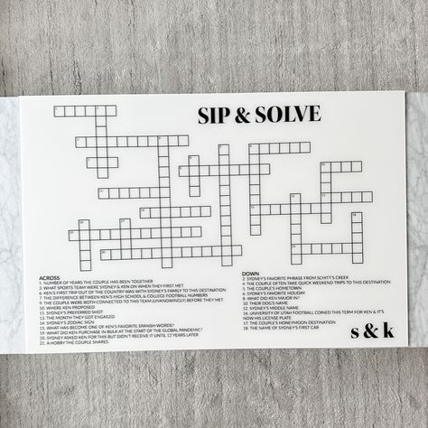 Sip And Solve Wedding Crossword, Sip And Solve Wedding, Sip And Solve, Wedding Crossword Puzzle, Signage Ideas, Wedding Puzzle, Acrylic Signage, Event Signage, Custom Wedding Signs