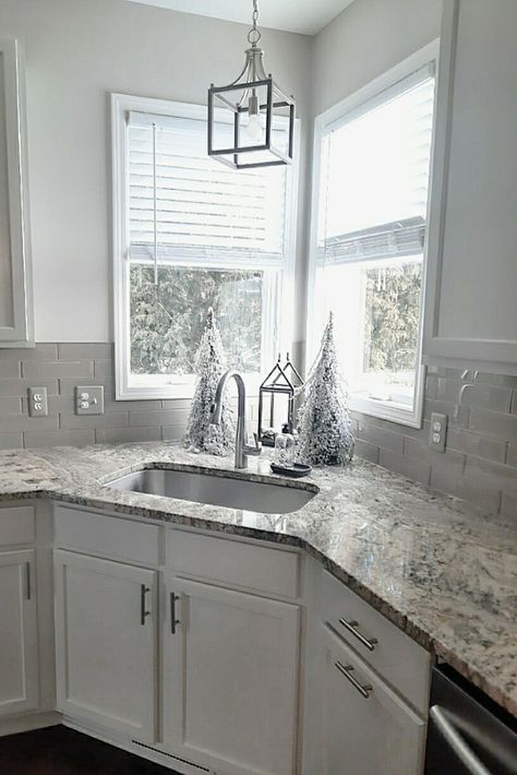 Corner Sinks Kitchen, Corner Sink Decorating Ideas, Corner Kitchen Sink Cabinet Ideas, Kitchen Design With Corner Sink, How To Decorate Behind A Corner Kitchen Sink, Kitchen Corner Windows Over Sink, Corner Kitchen Sink Decor Ideas, Sink In Corner Of Kitchen, Corner Kitchen Sink With Windows