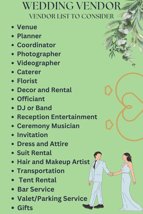 Here are Wedding Vendor list to easy for couple who confuesd to how to choose perfect vendor so this list for yours Wedding Roles List, Name For Couple, Wedding Vendor List, Vendor List, Wedding Roles, Tent Rentals, Wedding Vendor, Bar Service, Magical Moments