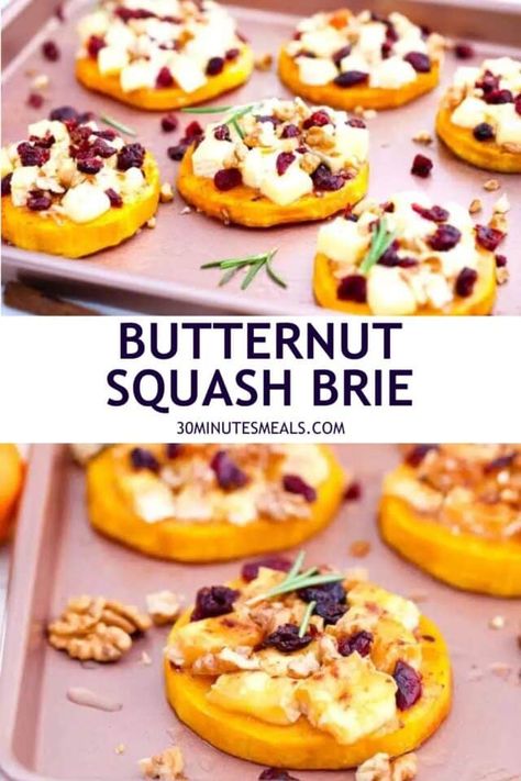 a sheet pan with slices of butternut squash with brie, walnuts, cranberries and a slice of butternut squash topped with brie , walnuts and dried cranberries decorated with fresh rosemary Butternut Squash Party Food, Cheesy Butternut Squash Slices, Butternut Appetizer, Brie Dishes, Squash Appetizer, Butternut Squash Appetizer, Squash Appetizers, Cranberry Brie Bites, Honeynut Squash