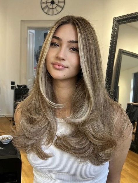 Brunette With Blonde Hair, Glow Up Hair Tips, Cool Blonde Highlights On Dark Hair, Honey Blonde Balayage On Black Hair, Full Head Highlights Dark Hair, Super Light Brown Hair, Warm Blonde Hair Color Honey, Blonde Hair On Mexican Women, Dark To Blonde Hair