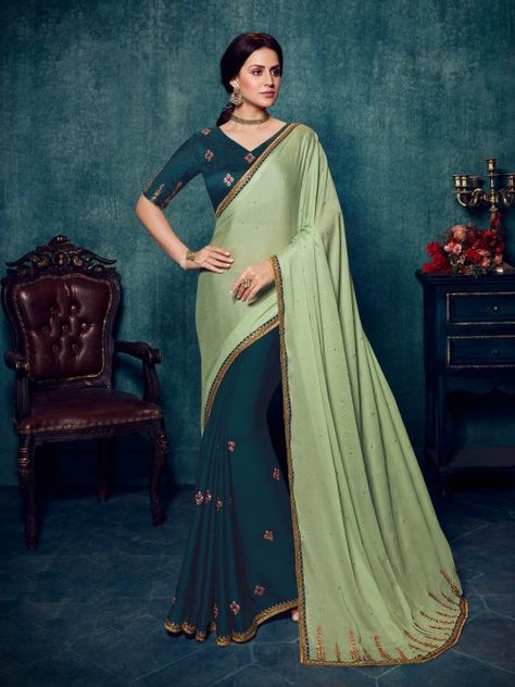 Redefined teal half n half saree online for women which is crafted from silk fabric and comes with silk blouse. Frill Saree, Cord Embroidery, Saree Work, Designer Embroidery, Crepe Saree, Plain Saree, Embroidered Saree, Designer Sarees Online, Green Saree