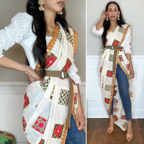 Jeans Saree Style, Mismatch Blouse And Saree, Saree With Jeans Fashion Styles, Indowestern Navratri Outfits, Indo Western Garba Outfit, Navratri Jeans Outfit, Saree On Jeans, Mismatched Outfit Ideas, Mismatch Theme Outfit