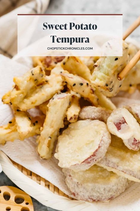 Crispy and delicious sweet potato tempura with a flavorful dipping sauce is the perfect appetizer or side dish! Tempura Sweet Potato, Okinawa Sweet Potato, Sweet Potato Tempura, Tempura Dipping Sauce, Japanese Vegetarian Recipes, Okinawan Food, Tempura Recipe, Sweet Potatoe Bites, Sweet Potato Slices