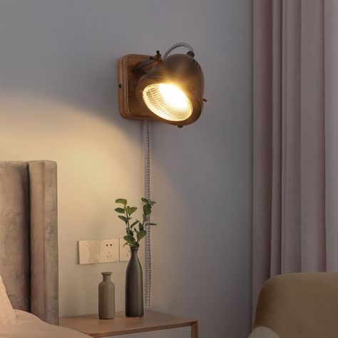 Industrial Black Vintage Wall Lamp Plug in Cord with Switch GU10 Antique Retro Farmhouse Glass Wood Metal Sconce Light - Bed Bath & Beyond - 37961807 Light Bed, Vintage Wall Lamp, Retro Farmhouse, Metal Head, Vintage Farm, Wood Lamps, Wall Fans, Lighting Store, Wooden Base