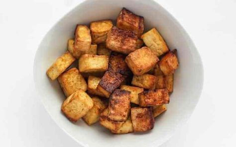 Air Fryer Tofu - Spicy and Crispy | Keeping the Peas Tofu Spicy, Air Fryer Tofu, Sweet Potato Tots, Tempeh Recipes, How To Press Tofu, Apple Chips, Crispy Tofu, Extra Firm Tofu, Thm Recipes