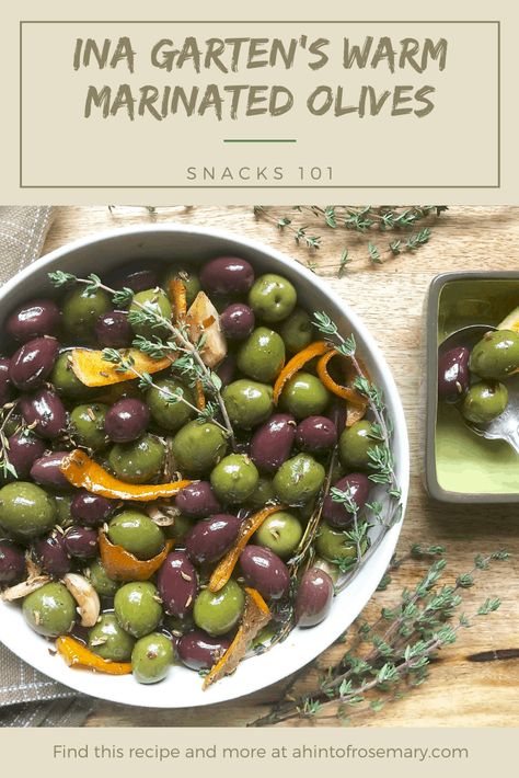 Start with plump olives, add garlic, herbs, orange zest & good olive oil. Turn up the heat, you now have deliciousness - Ina Garten's Warm Marinated Olives. 🌿 A Hint of Rosemary #barefootcontessa #inagarten #snack #snacks #appetizer #appetizers #olives #ahintofrosemary #castelvetranoolives #kalamataolives Warm Marinated Olives, Warm Olives, Olive Snack, Baked Olives, Olive Appetizer, Gourmet Appetizers, Marinated Olives, Ina Garten Recipes, Olive Recipes