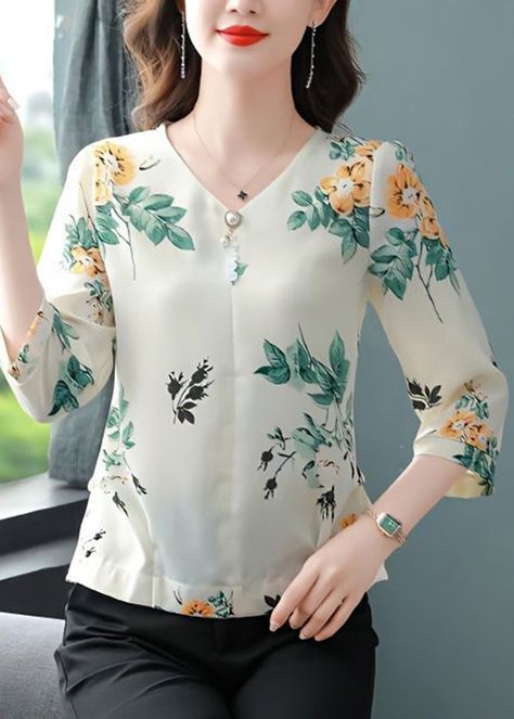 Green Leaf Print Chiffon Shirts V Neck Nail Bead Bracelet Sleeve – Omychic Printed Shirts For Women, Chiffon Shirts, Bracelet Sleeve, Paisley Print Blouse, Green Leaf Print, Women Blouses Fashion, Pretty Blouses, Elegant Blouses, Comfortable Room