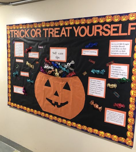 My october bulletin board about self-care! Kudos Bulletin Board Ideas, Halloween Staff Bulletin Board, Halloween Bulletin Board Ideas For High School, October Poster Board Ideas, Halloween School Nurse Bulletin Boards, October Mental Health Bulletin Board, Trick Or Treat Bulletin Board Ideas, Fall Bulletin Board Ideas College, Halloween Bulletin Boards Library