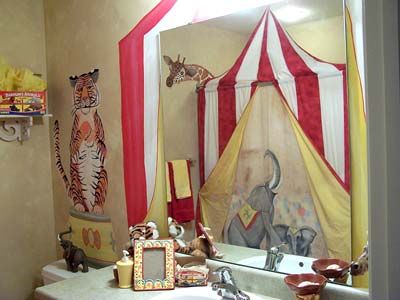 Circus Bathroom, Circus Mural, Fun Furniture Design, Circus Gala, Bold Bathrooms, Vintage Circus Nursery, Paint Curtains, Circus Classroom, Faux Painting Walls