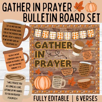 Transform your classroom with the "Gather in Prayer Bulletin Board Set," perfect for Christian fall-themed decor. This comprehensive set features beautifully designed, editable Bible verse posters that encourage students to embrace prayer and reflection. Ideal for primary classrooms, this set includes both black-and-white and colored letters, allowing you to customize your display to match your classroom's aesthetic.What's Included:6 Editable Bible Verse Coffee Cups: Featuring inspirational scri Prayer Bulletin Board, Fall Church Bulletin Boards, Black And White Letters, Sunday School Printables, Fall Bible Verses, Christian Bulletin Boards, Thanksgiving Bulletin Boards, Inspirational Scriptures, Christian Fall