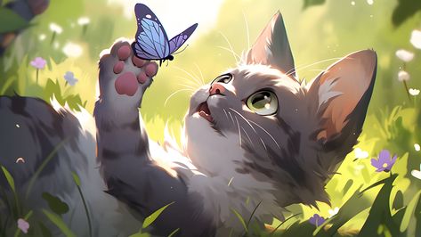 Cat Plays with a Butterfly Desktop Wallpaper - Animals Wallpaper 4k Desktop Wallpaper Animals, Butterfly Desktop Wallpaper, Cat Desktop Wallpaper, Cat And Butterfly, Cool Desktop Wallpapers, Facebook Background, Wallpaper Animals, Pc Desktop Wallpaper, Rabbit Wallpaper