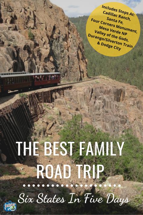 This is such a wonderful family road trip itinerary! We've included all the information you need to have an amazing road trip. See Mesa Verde, ride a train, maybe meet an outlaw??!! #dodgecity #mesaverde #santafe #fourcorners 4 Corners Road Trip, Western States Road Trip, Arizona Road Trip Map, Road Trip Western United States, Road Trip On A Budget, Great American Road Trip Map, Four Corners Monument, Fishing Cabin, Dodge City