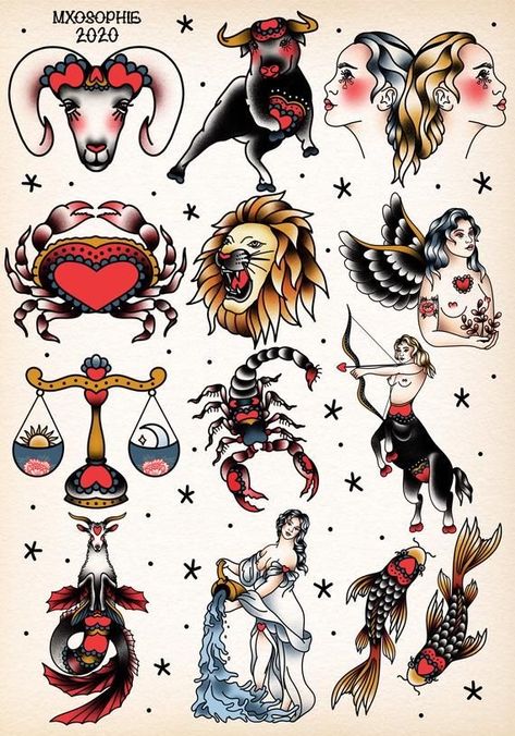 Tradition Tattoo, Blitz Tattoo, Traditional Tattoo Flash Sheets, Americana Tattoo, Traditional Tattoo Old School, Traditional Tattoo Inspiration, Astrology Tattoo, Traditional Style Tattoo, Traditional Tattoo Sleeve