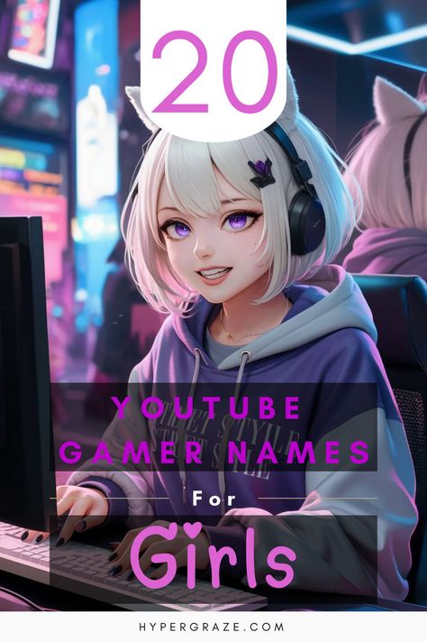 A girl gamer with white hair, wearing a headset and sitting at a computer, playing in a cozy gaming setup, highlighting 20+ adorable gaming channel names ideas for girls. Twitch Name Ideas, Gaming Channel Names Ideas, Youtube Name Ideas For Channel, Gamer Names Ideas, Gamer Tag Names Ideas Girl, Xbox Gamertag Name Ideas, Gaming Channel Names, Girl Gamer Names, Youtube Name Ideas