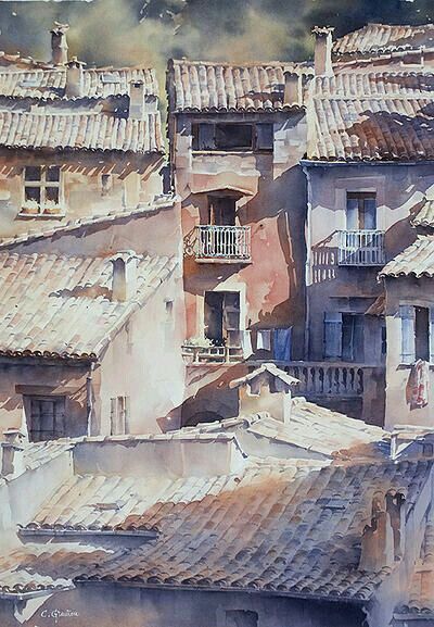 Architectural Painting, Watercolor City, Watercolor Architecture, Watercolour Inspiration, Architecture Painting, Watercolor Artists, Watercolor Sketch, Rooftops, Watercolor Inspiration