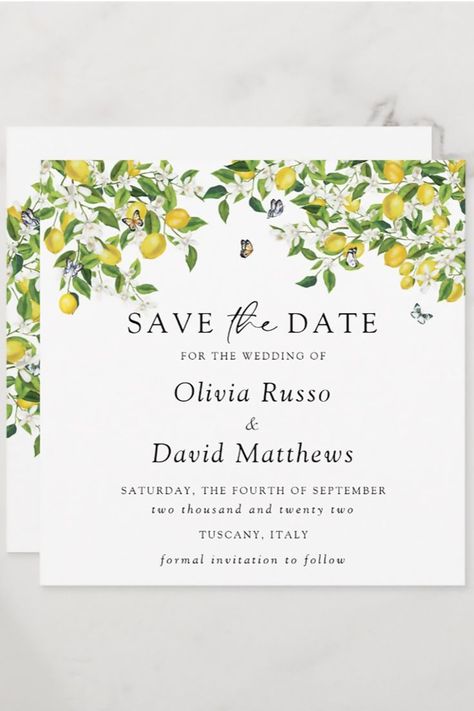 The design of this square save the date invitation is of lemon tree branches, white lemon flowers, green leaves and summery butterflies. The reverse features additional lemon tree branches and butterflies. Lemon Garden, Lemon Invitations, Lemon Wedding Invitations, Lemon Flowers, Modern Save The Dates, Date Invitation, Flower Wedding Invitation, Save The Date Card, Flowers Green