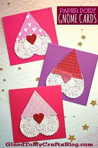 #gluedtomycrafts Paper Doily Gnome Valentines - Kid Craft Easy February Bulletin Board Ideas, Valentine Gnome Crafts For Kids, Valentines Day Crafts For Preschool, Kindergarten Valentine Craft, Heart Doilies Crafts, Valentines Day Crafts For Preschoolers, February Art, Valentines Activities, Heart Doily