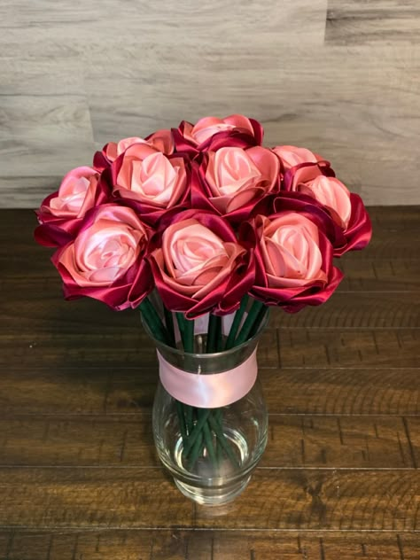 10 ribbon roses for $20 Ribbon Roses Arrangement, Ribbon Rose Centerpiece, Mother’s Day Eternal Roses, Eternal Roses Diy, Satin Ribbon Flowers Bouquet, Ribbon Ramos, Ribbon Roses Bouquet, Satin Ribbon Bouquet, Ribbon Bouquets