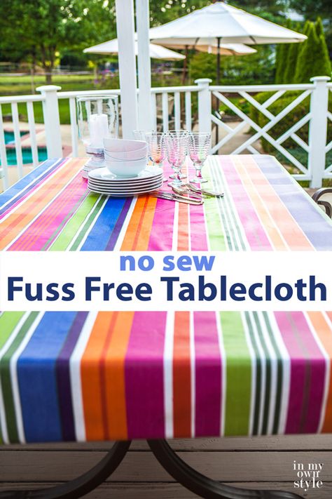 If you like to hear the words no-sew and easy to care for when it comes to tablecloths, check out the fabric I used. It comes in many different styles and colors. No Sew Tablecloth, Fitted Tablecloth Diy, Outdoor Tablecloth Ideas, Diy Table Cloth Tablecloths, Sew Tablecloth, Table Cover Diy, Picnic Themes, Table Cloth Ideas, Picnic Table Decor