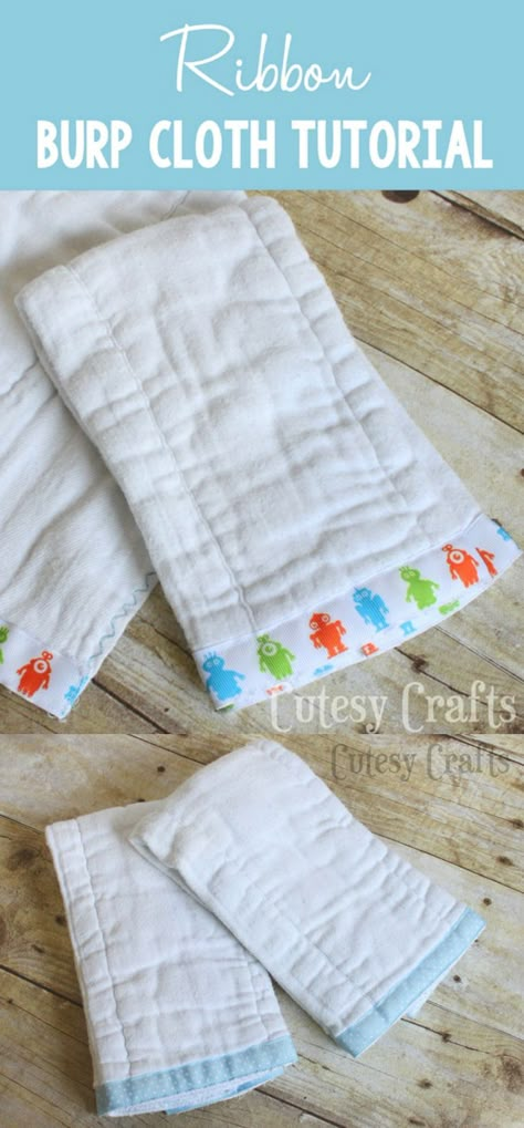 Add a little bit of ribbon and some decorative stitching, and you've got yourself some cute and custom DIY burp cloths! These are made from diapers and are a perfect gift for baby. Customize for girls or boys. Diy Baby Burp Cloths, Diy Boy Gifts, Burp Cloth Tutorial, Burp Cloths Diy, Baby Boy Burp Cloths, Easy Baby Blanket, Burp Rags, Trendy Baby Shower Ideas, Diy Baby Gifts