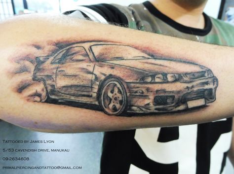 Tattoo. car portrait. black and gray tattoo. r33 Skyline. GTR Godzilla. Skyline. Nissan. Nissan Skyline Tattoo, Drift Tattoo, Car Tattoos For Guys, Godzilla Skyline, Skyline Car, Gtr Godzilla, R33 Skyline, Skyline Nissan, Car Portrait