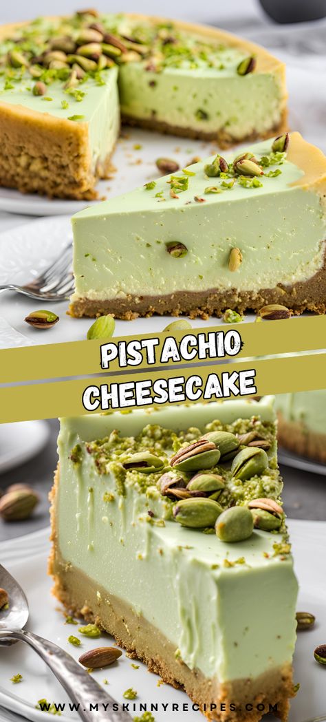 🥰🍰 Indulge in the creamy delight of Pistachio Cheesecake! With its nutty pistachio flavor and smooth, rich texture, this dessert is perfect for any special occasion. Topped with whipped cream and chopped pistachios, it's as beautiful as it is delicious! 🌟 #PistachioCheesecake #DessertLovers #Baking #SweetTreats #ElegantDesserts#myskinnyrecipes Easy Pistachio Cheesecake Recipe, Pistachio San Sebastian Cheesecake, Pistachio Cream Cheesecake, Pistachio Cheesecake Recipe No Bake, Easy Pistachio Cheesecake, Desserts With Pistachio Cream, Most Delicious Desserts, Pistachio Cheesecake No Bake, Decorating Cheesecake Ideas