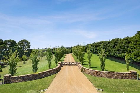 615 Pollocksford Road, Gnarwarre VIC 3221 - House for Sale | Domain Farm Driveway, Farm Entrance, Lovely Landscapes, Gate Entrance, Horse Barn Designs, Big Kahuna, Farm Gate, Brick Fence, Farm Lifestyle