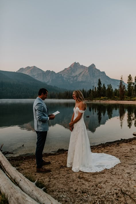 Intimate Vows at Redfish Lake in Stanley Idaho at Sunrise for Stacie and James' elopement // #sunrise #firstlook #stanley #idaho #lake #jacksonhole #wedding #brideandgroom #bride #adventure #adventurewedding #adventureelopement #mountains #rockymountains #elopementday #vows #ido Wallowa Lake Wedding, Redfish Lake Idaho Wedding, Mountain Lake Elopement, Stanley Idaho Wedding, Lake Wedding Pictures, Mountain Micro Wedding, Mountain Lake Wedding, Mountain Elopement Dress, Idaho Wedding Venues