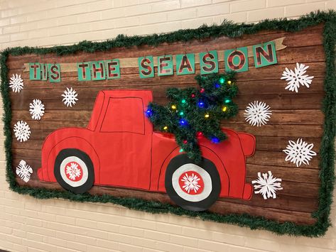 Red Truck Christmas Bulletin Board, Red Truck Bulletin Board Ideas, Christmas Truck Bulletin Board, Red Truck Christmas Classroom Door, Christmas Tree Farm Bulletin Board, Christmas Billboard Bulletin Boards, Truck Bulletin Board Ideas, Fall Truck Bulletin Board, Red Truck Bulletin Board