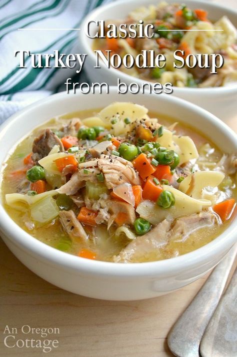 Use up your turkey bones and leftovers to make a delicious homemade turkey soup from scratch. It's really not much hands-on time and you'll get all the benefits of bone broth along with my favorite part of the turkey - the next day soup! #soup #turkey Oregon Recipes, Homemade Turkey Soup, Soup Turkey, Weekday Recipes, Oregon Cottage, Traditional Turkey, Leftover Turkey Soup, Turkey Noodle Soup, Classic Turkey