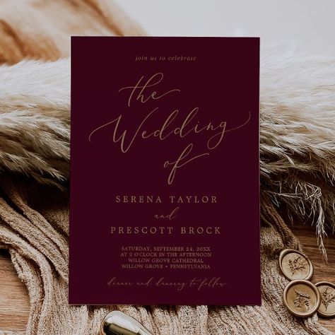 Delicate Gold Calligraphy Burgundy The Wedding Of Invitation Wedding Invitations Fall Burgundy, Crimson Wedding Invitations, Black Burgundy Ivory And Gold Wedding, Champagne And Burgundy Wedding, Maroon Wedding Invitations, Maroon And Gold Wedding, Fall Burgundy Wedding, Copper Wedding Invitations, Wedding Elegant Classy