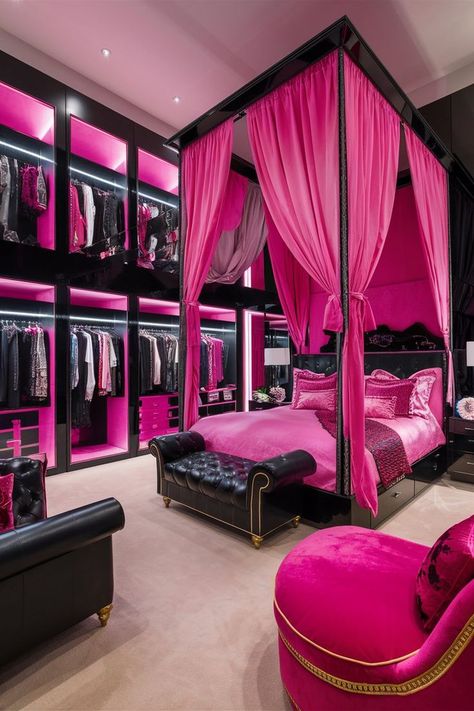 This Pink ANd Black Bedroom is looking So Aesthetically Pleasing. I almost fell for it. Black Hot Pink And Gold Bedroom, Black And Pink Bedroom Aesthetic, Dark Room Aesthetic Bedroom, Black And Pink Room Ideas, Girly Bedroom Ideas For Women, Black And Pink Bedroom, Pink And Black Bedroom Ideas, Cool Bedrooms, Hot Pink Bedrooms